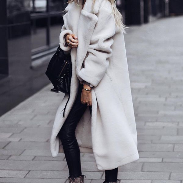 

winter women blends autumn lapel buckle ling coat fashion loose warm polar fleece long sleeve female cardigan, Black;brown