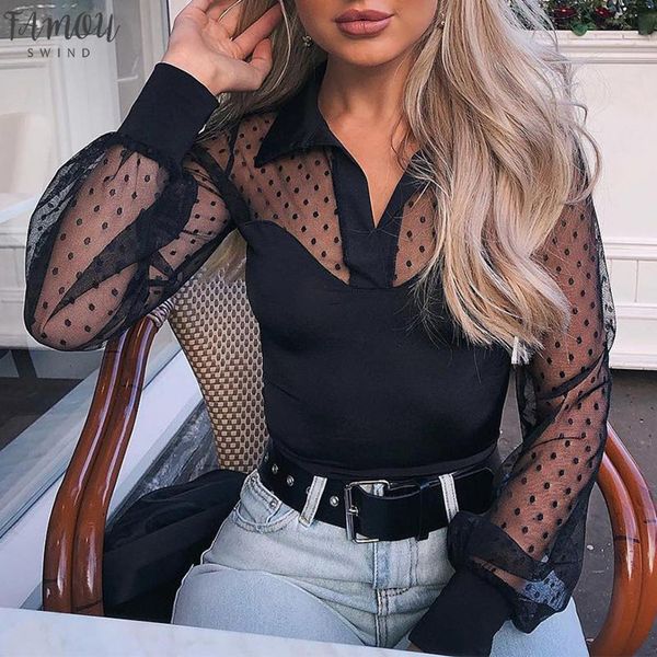

2020 women elegant fashion black patchwork regular shirt female casual brief dot sheer sashes mesh yoke casual blouse, White