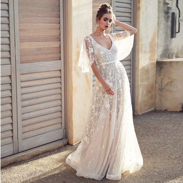 

white dress long short-sleeved dress lace v-neck backless party, Black;gray