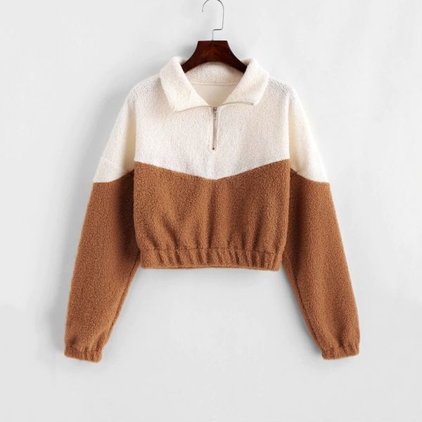 

fashion women sweatshirt outwear autumn winter fluffy warm crop sweatshirt casual loose long sleeve splice strappy zipper, Black