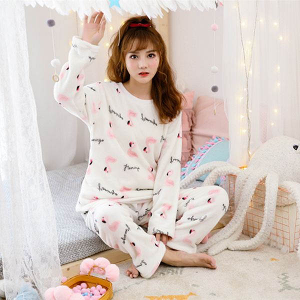 

female hooded pajamas set full trousers lady two piece warm thickness, Blue;gray