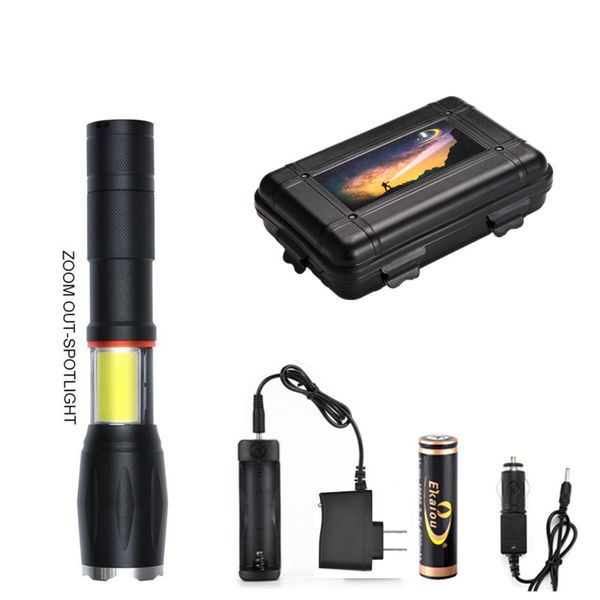 

New zoom adju table xm l t6 3800lm 5 mode rechargeable cob led fla hlight camping 1x18650 battery charger gift boxe