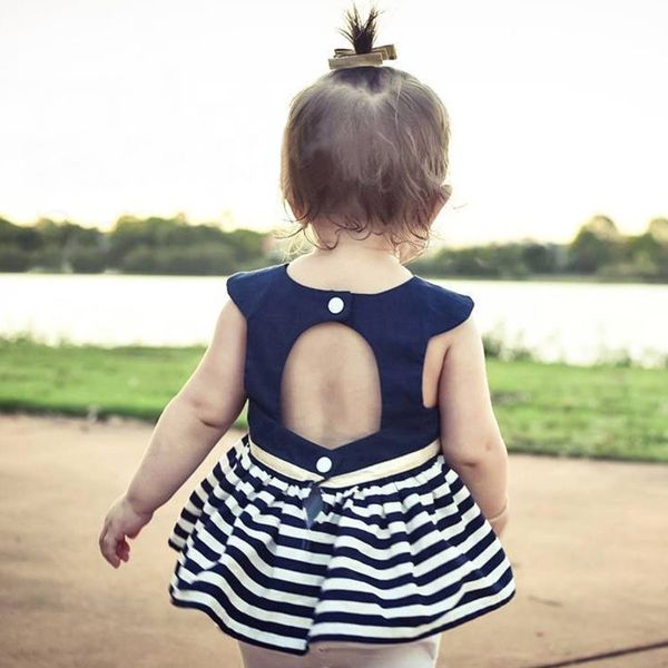 

2019 baby beach stripe dress summer children's behind hollow backless out o-neck cute ball gown mini party dresses 1-4 years, Red;yellow