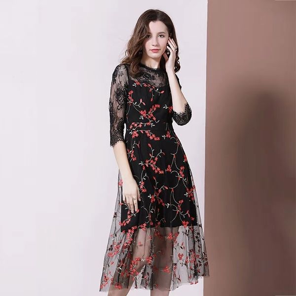 

женщины осень sexy party dress роскошные дизайнерские кружева цветочные платья женские вышитые цветы платье марлевые империи черные платья g, White;black