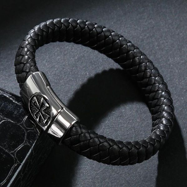

bangle 12*6mm black genuine leather bracelet men stainlees steel cuff bracelets & bangles male jewelry gifts punk