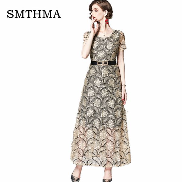 

smthma 2019 new maxi dresses women new europe hollow out lace vestidos femme work casual slim short sleeve long dress, Black;gray