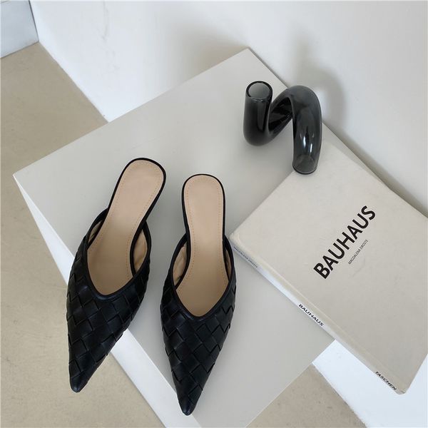 

fashion mules women slides shoes new design grid leather pointed toe low heels ladies slippers summer sandals pumps, Black