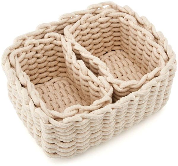 

set of 3 decorative woven cotton rope baskets and storage organizer, perfect for storing small household items - white