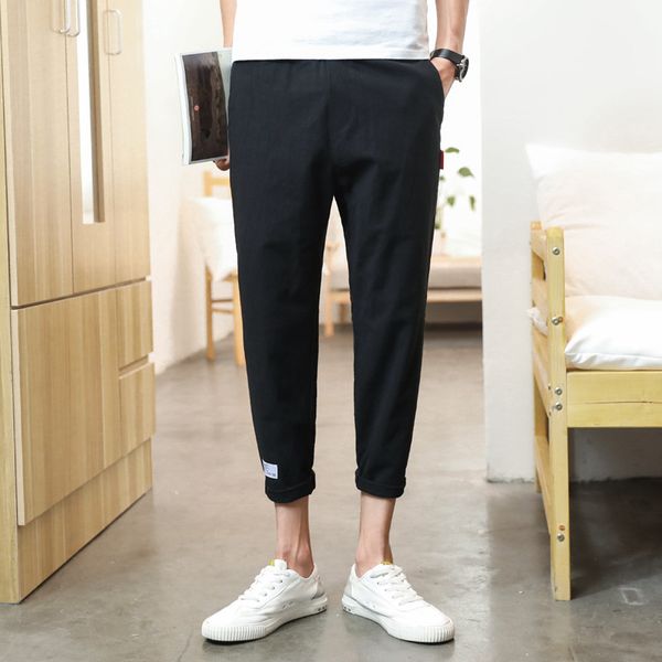 

ankle-length linen solid pants men trousers hip hop jogger pants men sweatpants streetwear drawstring 2019 spring new, Black