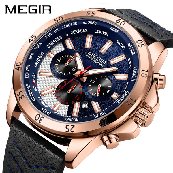

megir men's chronograph quartz sports watches leather band army sports quartz watches waterproof luminous relogios masculino, Slivery;brown