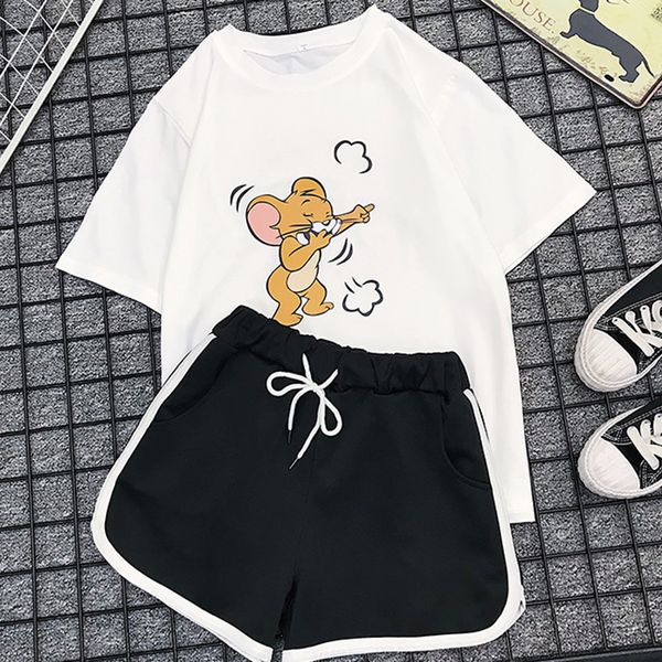 

milinsus 2 шт / наборы tracksuit 2020 лето с коротким рукавом футболки и случайный мультфильм печать для женщин + шорты костюмов, White