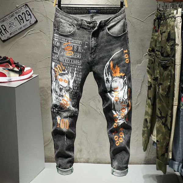 

new personality printing slim feet elastic youth fashion jeans men embroidery trend casual designer long pants, Blue