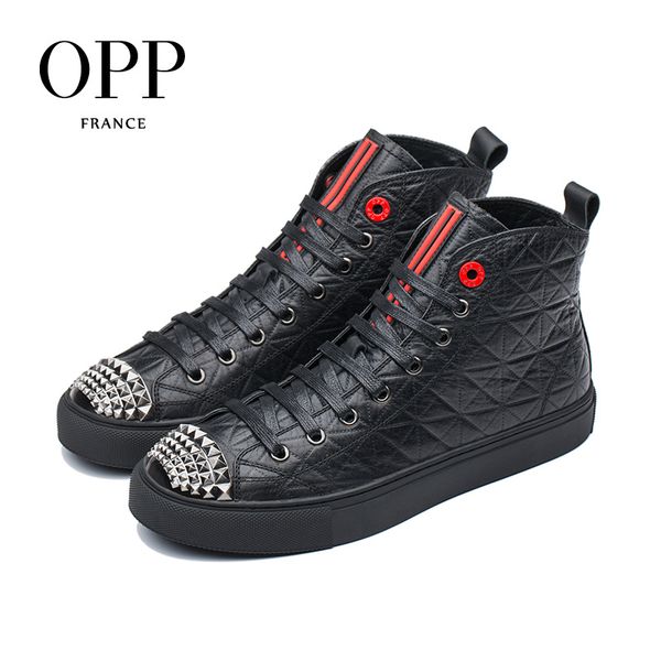 

opp men's shoes rivets high shoes personalized wild punk metal head leather casual men's lace-up boots, Black