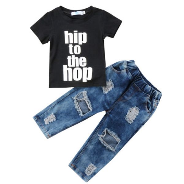

new toddler kids baby boys clothes t shirt tee +denim pants outfits set, White