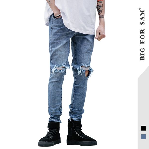 

and winter european and american men's slim pants, small foot zipper, knee hole, beggar pants, men's jeans new style, Blue