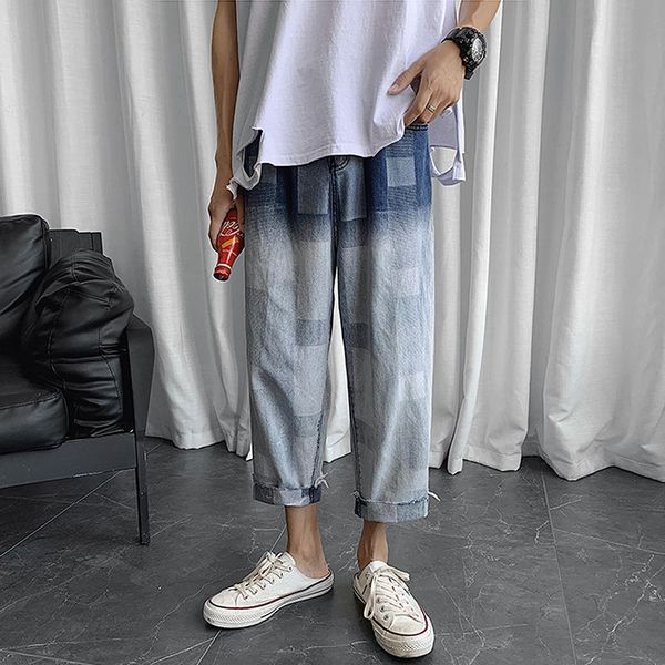 

retro jeans men fashion contrast color casual straight jeans pants men streetwear wild loose hip hop denim trousers mens s-2xl, Blue