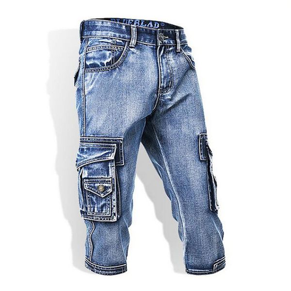 

calf-length cargo jeans pants bicycle jeans modis retro washed men's multi-pocket seven-point denim shorts men's denim shorts, Blue