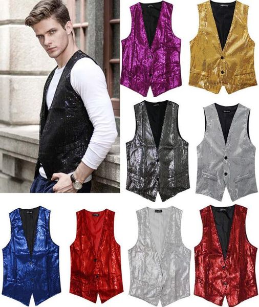 

wholesale- paillette male sequins stage performance costumes men vest mc host clothing waistcoats show sleeveless jackets gold silver d2031, Black;white