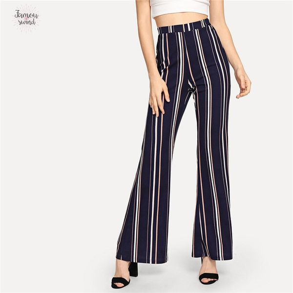 

office lady highstreet pants striped elastic waist flare leg elegant fleece new autumn women workwear trousers navy, Black;white