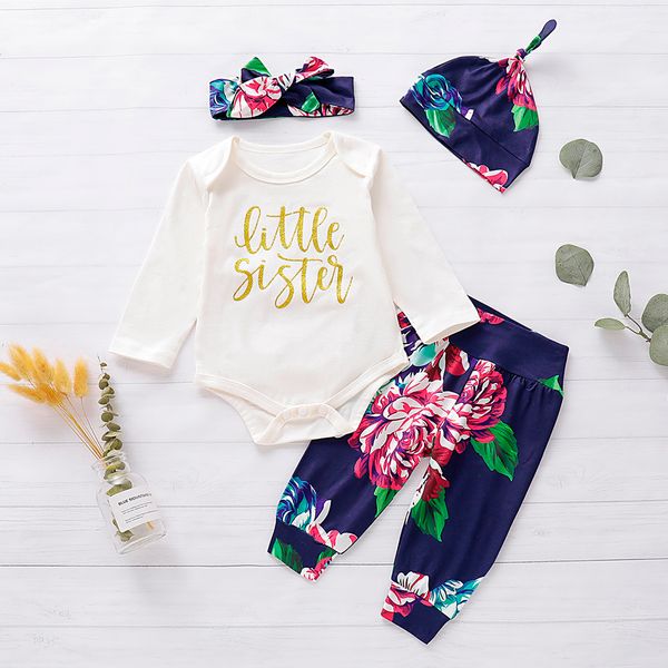 

toddler kids baby boy girls letter print romper+ pants hat+hairband outfits sets boutique kids clothing winter 2019 toddler set, White