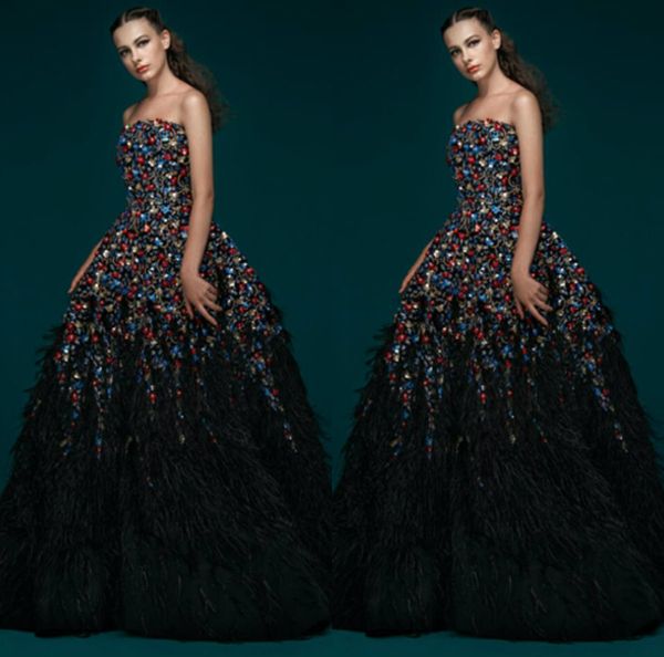 

black feather prom dresses strapless a line luxury colorful crystal sleeveless sweep train elegant evening dress vestidos de quinceaÃ±era