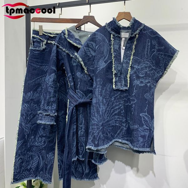

tpmaccool luxury designer high end 2020 women plant bird butterfly printed burr denim pants dress sets three piece outfits, White