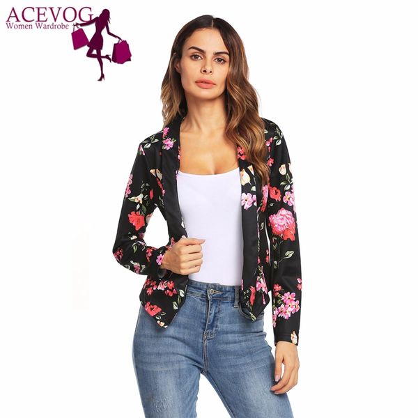 

acevog осень flore печати женщины vintage короткие blazer отворотом тонкий фронт открытый длинным рукавом пиджаки женские повседневные ретро, White;black