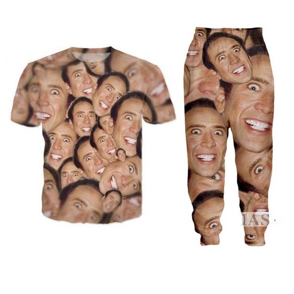 New Fashion Mulheres / Homens Nicolas Cage engraçado 3d Imprimir T-shirt + Jogger Calças Conjuntos Casusal agasalho