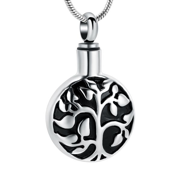 

ijd8126 men women cremation jewelry tree of life design round cremation pendant urn necklace with funnel and gift box, Silver