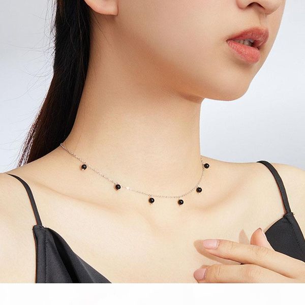 

жены подарок стерлингового серебра 925 черный кристалл ожерелье длинные цепи ссылка для женщин свадьба ключицы цепи летию моды ювелирных изд, Silver