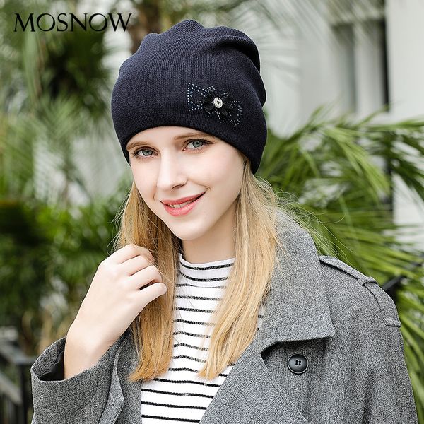 

mosnow women's hats caps flower bow-knot knitted warm fashion brand new 2018 hat female skullies beanies #mz815, Blue;gray