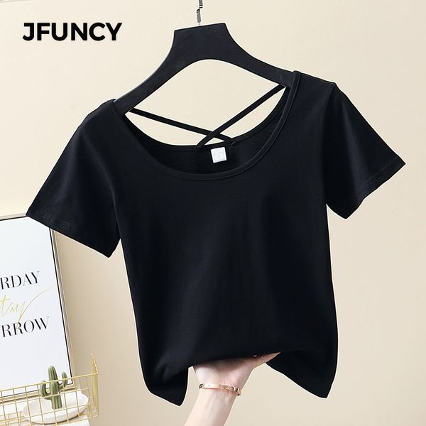 

jfuncy fashion womens 95% cotton tank pure color tees women short sleeve t-shirt summer female slim casual shirts, White