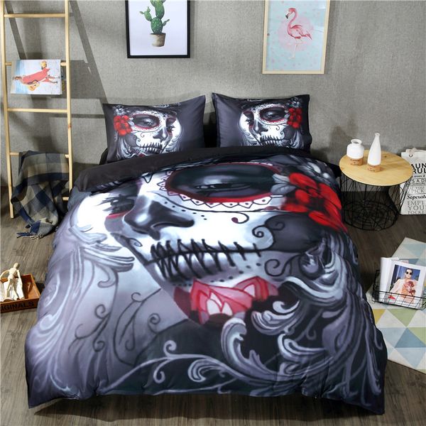

mask skull bedding set king 3d printed duvet cover pillowcase red rose bedclothes 2/3pcs fashion home textiles for boys no sheet