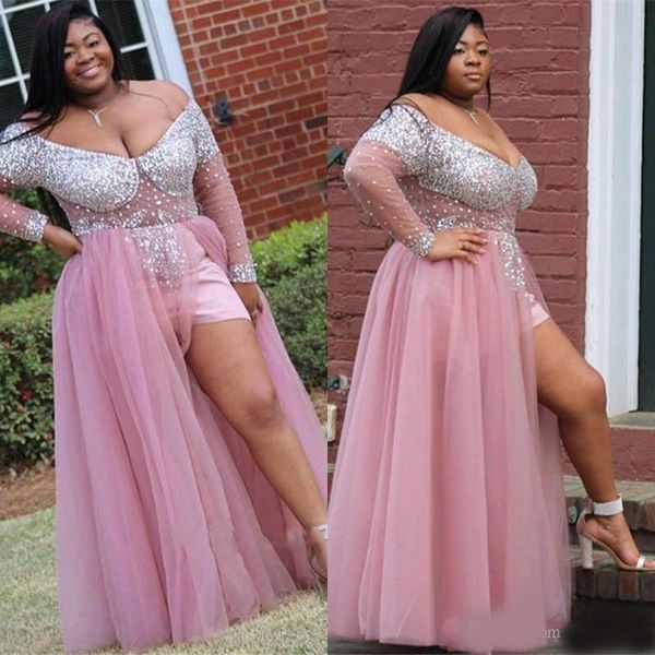 

pink plus size prom dresses off shoulder beads long sleeves sequins tulle cocktail party gowns floor length side split short evening dresses, Black