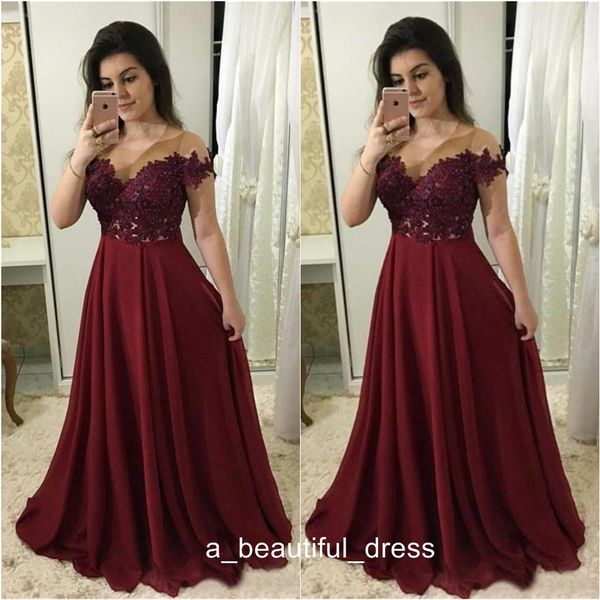 New Style Burgundy longo Prom Dresses Lace apliques A linha V-neck Chiffon baratos Evening formal Vestidos Vestido de ED1238