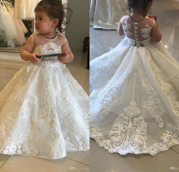 

white lace flower girl dresses for wedding jewel neck a line little girls pageant gowns sweep train appliqued pearls first communion dress, White;blue