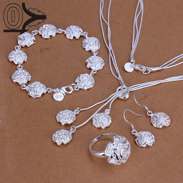 

wholesale silver plated jewelry set,bridal party sets,fashion rose flower silver necklace bracelet earring ring four-piece, Slivery;golden