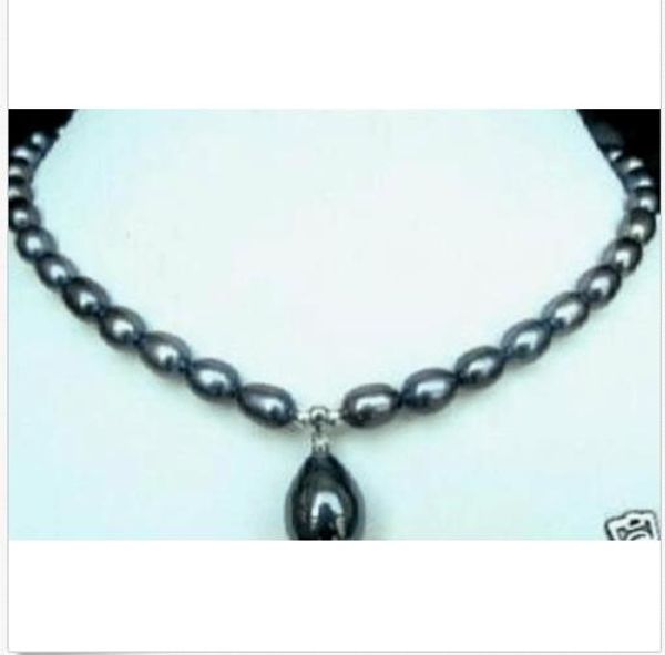 

18"10-12mm tahitian black baroque pearl necklace +pendant, Silver