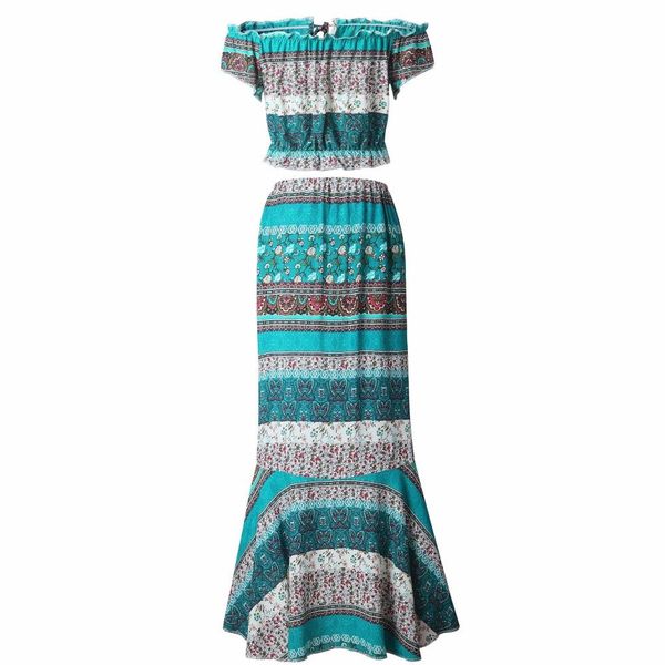 

boho print summer women tracksuit two piece set slash neck ruffles crop +split long skirts beach maxi skirts suit casual, Gray