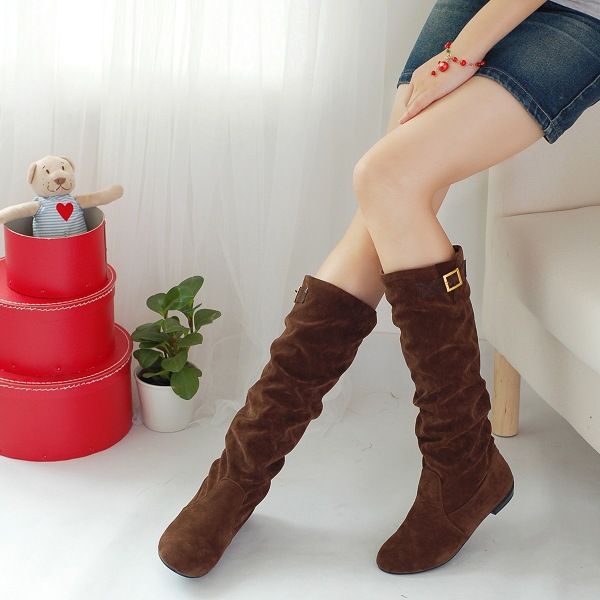 

big size 34-44 women knee-high fashion boots scrub low heel women boots for autumn and winter lady flat dropshipping, Black