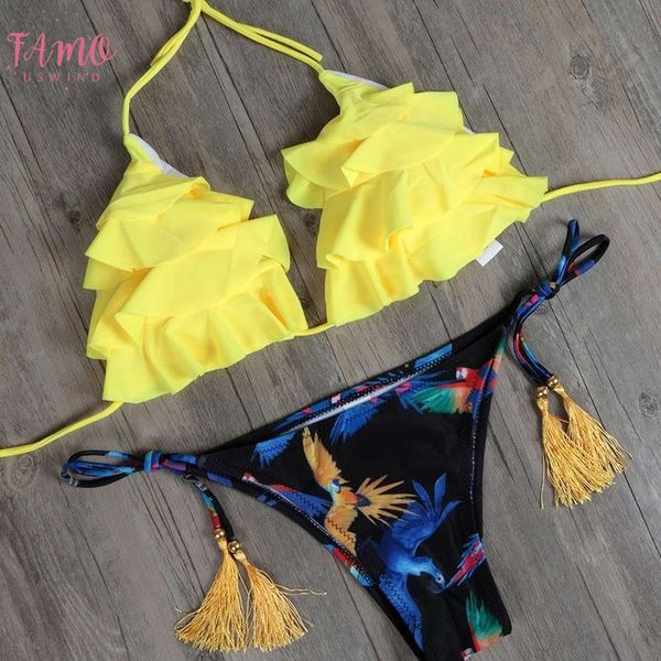 

swimming nylon suit for women bikini beach wear yellow ruffle bikini set swimwear halter tassel biquini bathing suit, White;black