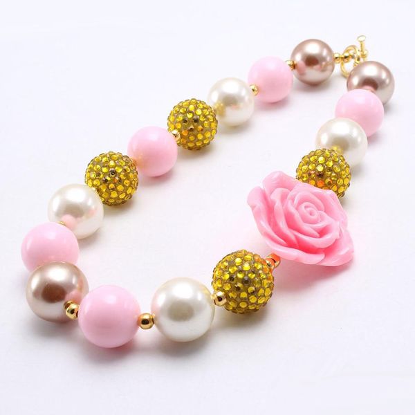 Collana di perline grosse per bambini con fiore rosa Collana di perline grosse di gomma da masticare per ragazza di colore rosa + oro per bambini