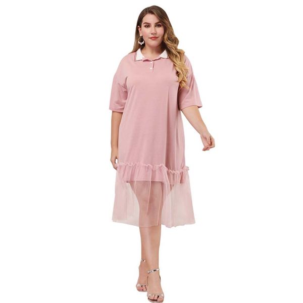 

summer sweet girl turn-down collar dress loose female pink mesh stitching ruffles short sleeve mid-calf dresses plus size l-4xl, Black;gray