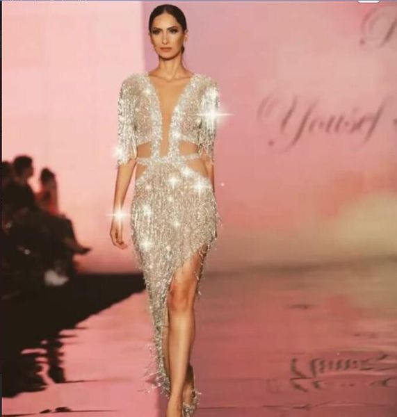 

evening dress yousef aljasm kim kardashian silver crystal v- neck mermaid half sleeve tassel kylie jenner zuhair murad ziadnakad 0015, Black;pink
