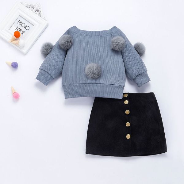 

autumn baby girl long sleeve plush ball design sweater short skirts casual outfits set new 1-6t, White