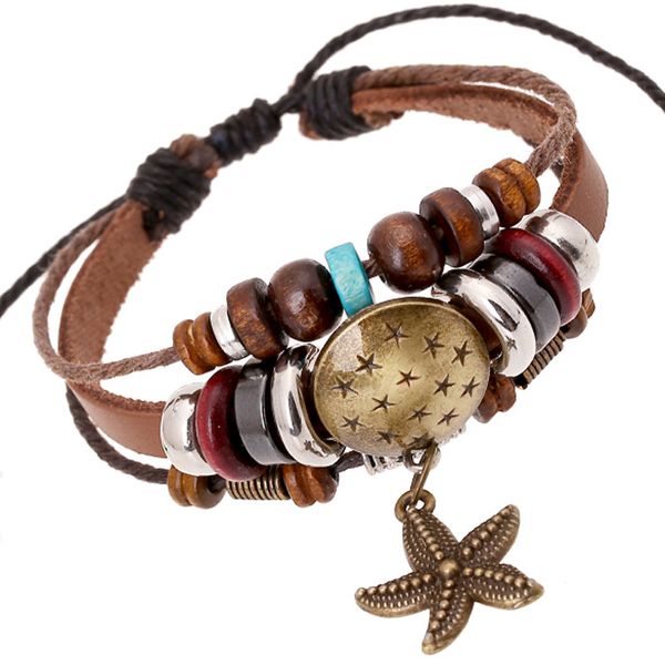 

starfish charm leather bracelet wooden crystal cuff beaded bangle fashion jewelry, Golden;silver