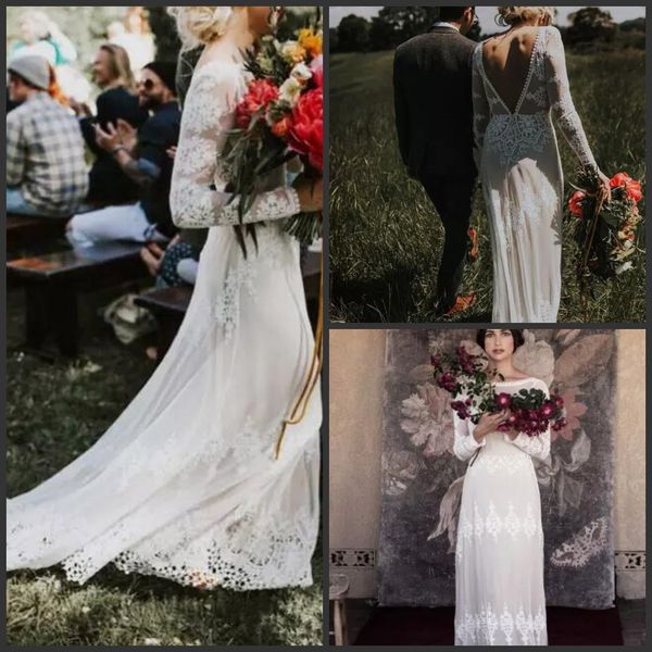 

2019 new vintage lace applique bohemian country wedding dresses modest backless bridal gowns long sleeve garden beach wedding dress, White
