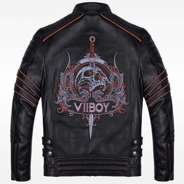 

2017 new men's skull embroidery motorcycle leather jacket punk fashion black stand collar genuine thick cowhide slim fit coats