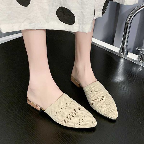 

2020 summer classic low heel mules shoes women slides outdoor knit slippers woman pointed toe sandals black yellow beige