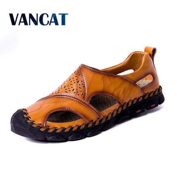 

2019 new summer sandals men breathable genuine leather sandals man flats plus size fashion casual beach men's shoes y200702, Black